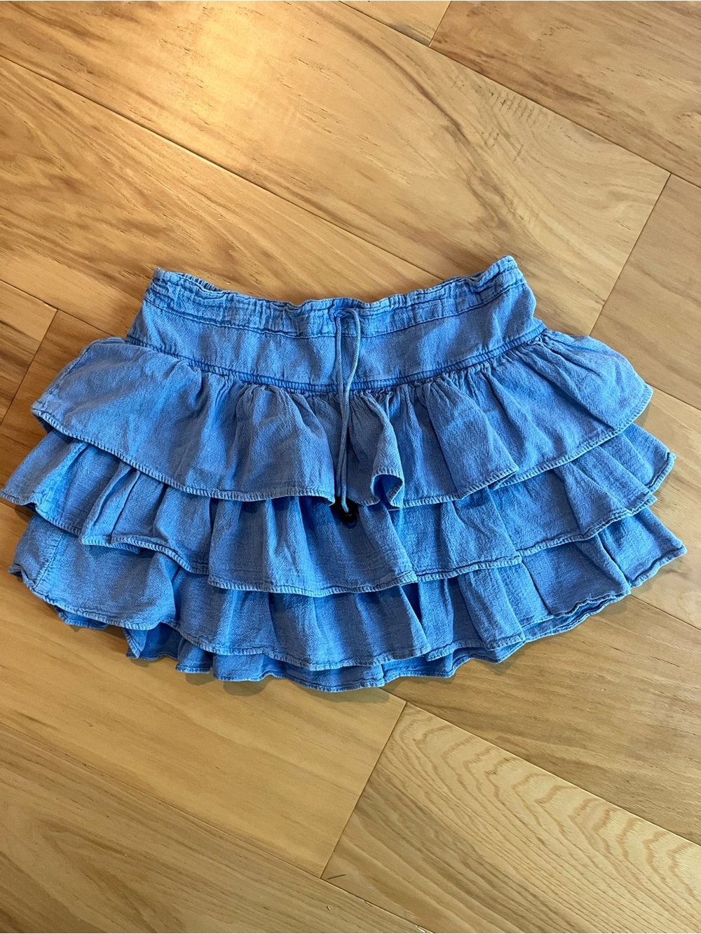 Seaspice Chambray Tiered Ruffle Mini Skirt with Drawstring Waist
